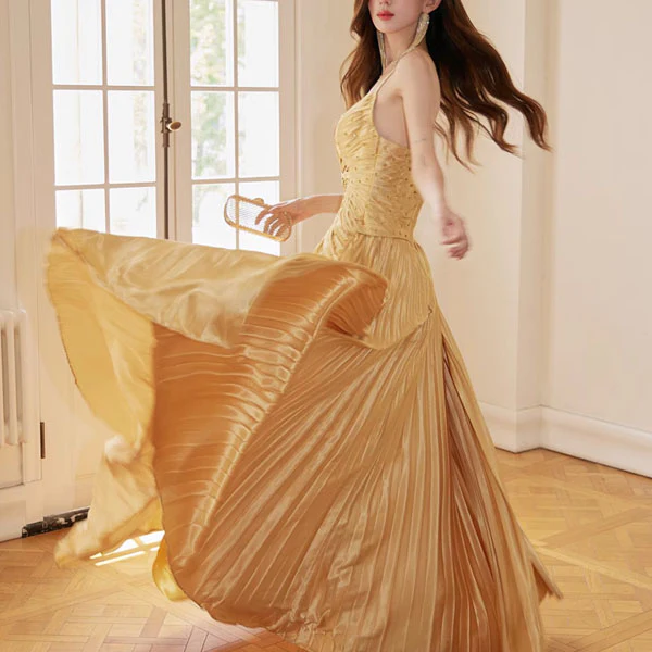 Elowen Golden Goddess Pleated Evening Dress - Image 2