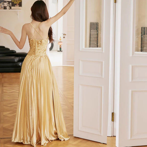 Elowen Golden Goddess Pleated Evening Dress - Image 3