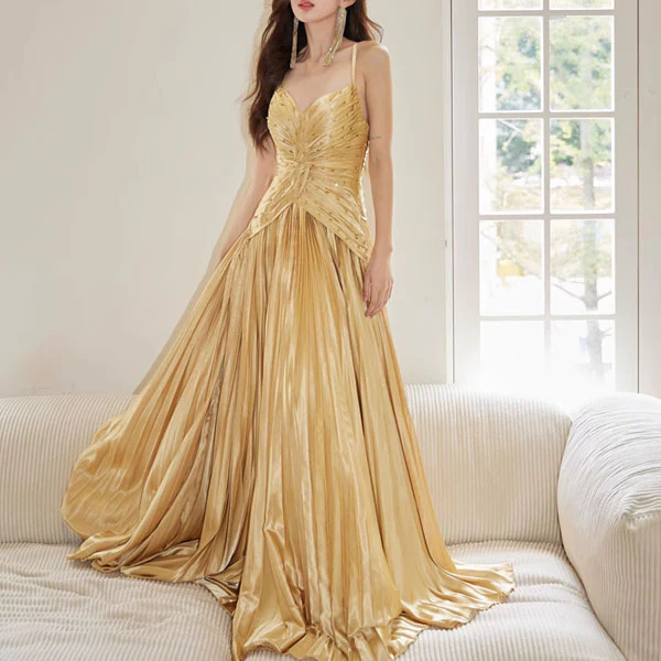 Elowen Golden Goddess Pleated Evening Dress - Image 6