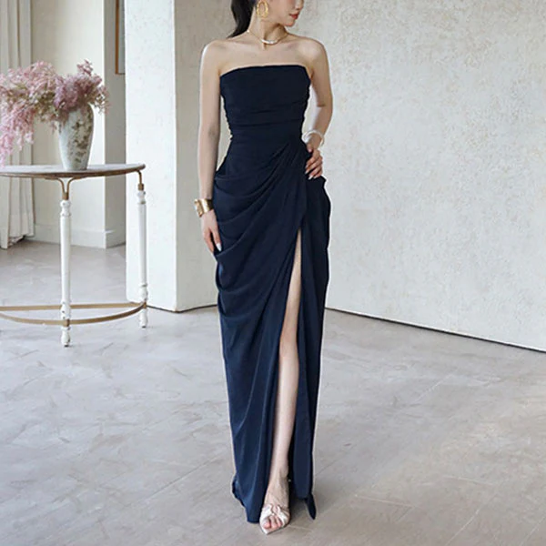 Elysia Midnight Navy Strapless Corset Ruched Drape Evening Dress