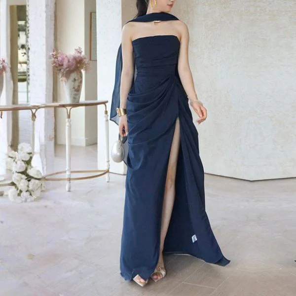 Elysia Midnight Navy Strapless Corset Ruched Drape Evening Dress - Image 3