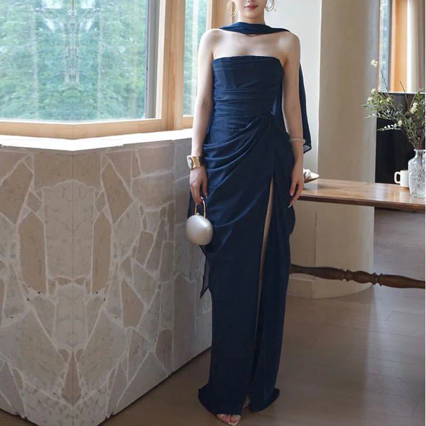 Elysia Midnight Navy Strapless Corset Ruched Drape Evening Dress - Image 4