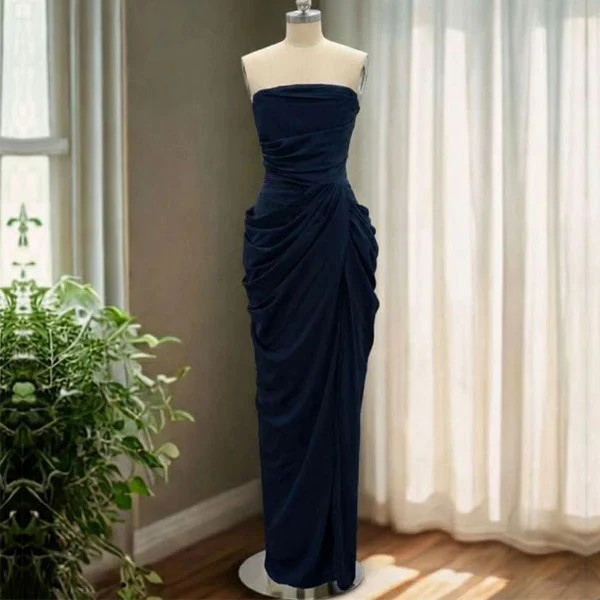 Elysia Midnight Navy Strapless Corset Ruched Drape Evening Dress - Image 5