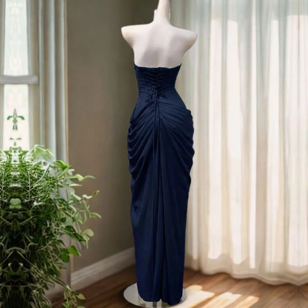 Elysia Midnight Navy Strapless Corset Ruched Drape Evening Dress - Image 6