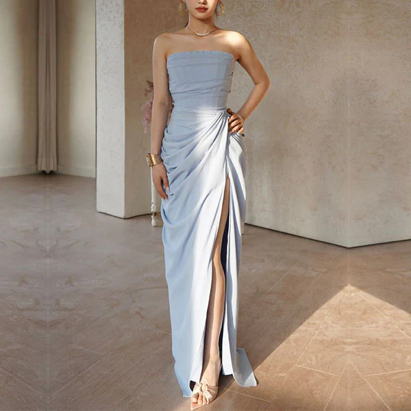 Elysia Pastel Blue Strapless Corset Ruched Drape Evening Dress