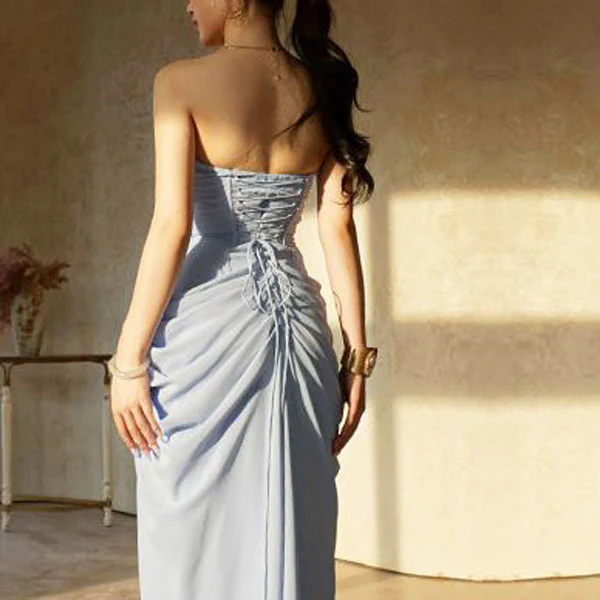 Elysia Pastel Blue Strapless Corset Ruched Drape Evening Dress - Image 2