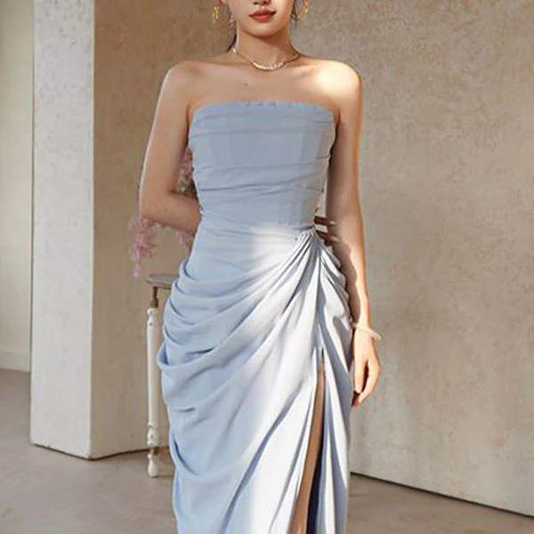 Elysia Pastel Blue Strapless Corset Ruched Drape Evening Dress - Image 3