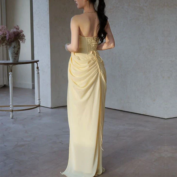 Elysia Yellow Strapless Corset Ruched Drape Evening Dress - Image 2