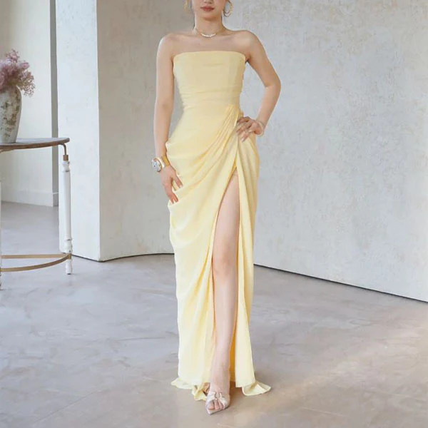 Elysia Yellow Strapless Corset Ruched Drape Evening Dress - Image 3