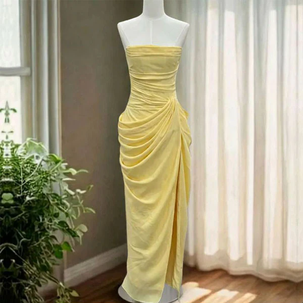 Elysia Yellow Strapless Corset Ruched Drape Evening Dress - Image 4