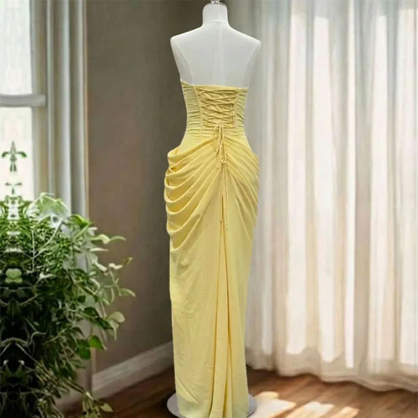Elysia Yellow Strapless Corset Ruched Drape Evening Dress - Image 5