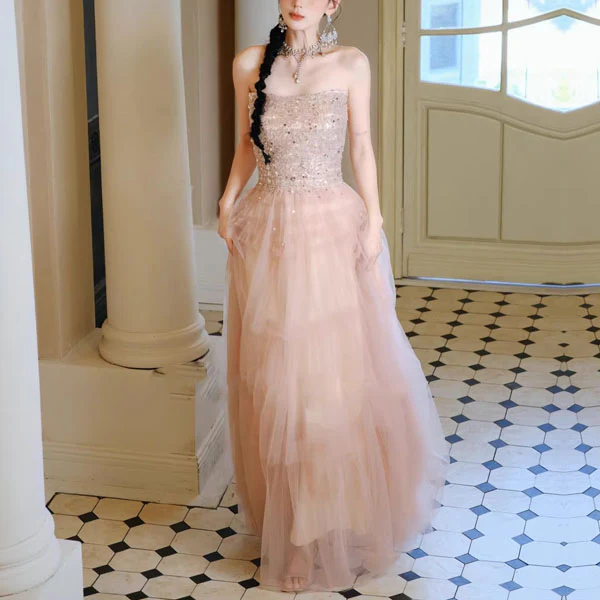 Emilia Blush Pink Sequin Tulle Princess Evening Dress
