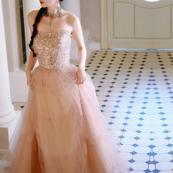 Emilia Blush Pink Sequin Tulle Princess Evening Dress - Image 2