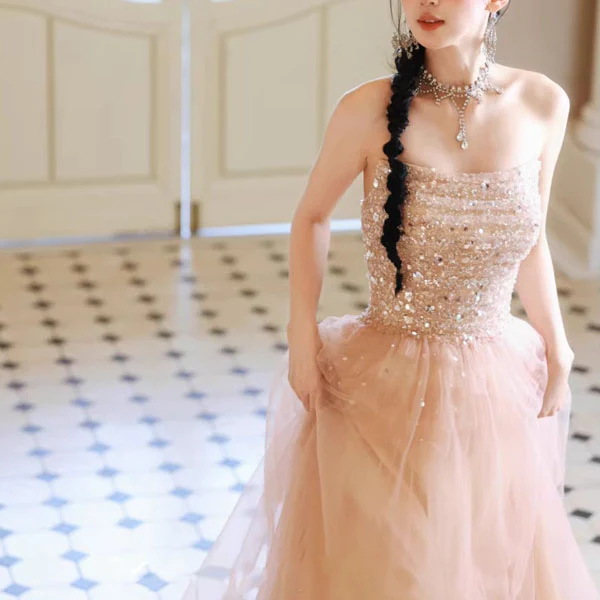 Emilia Blush Pink Sequin Tulle Princess Evening Dress - Image 3