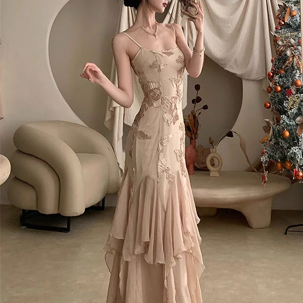 Erinda Vintage Inspired Champagne Floral Layered Dress - Image 3