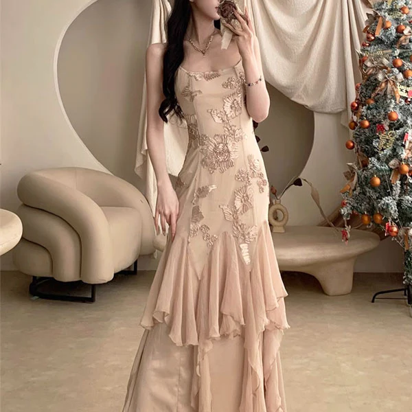 Erinda Vintage Inspired Champagne Floral Layered Dress - Image 5