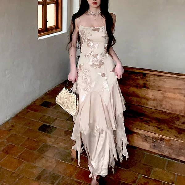 Erinda Vintage Inspired Champagne Floral Layered Dress - Image 6