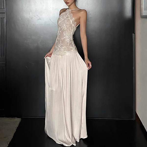 Errisa Ethereal Champagne Nude Lace Evening Dress - Image 3