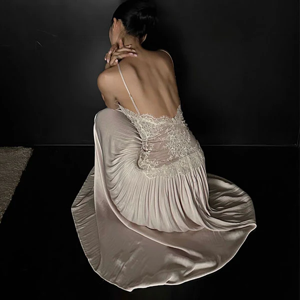 Errisa Ethereal Champagne Nude Lace Evening Dress - Image 5