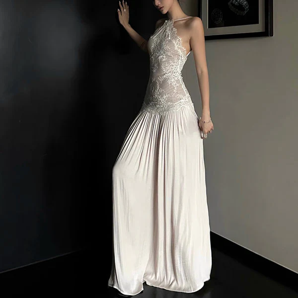 Errisa Ethereal Champagne Nude Lace Evening Dress - Image 6