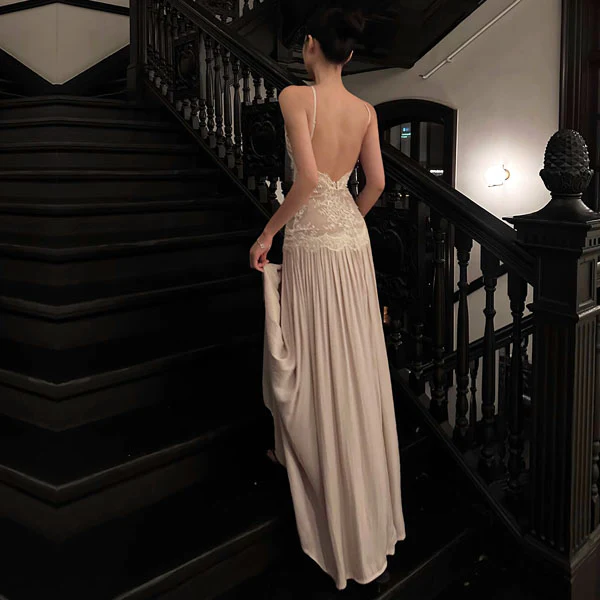 Errisa Ethereal Champagne Nude Lace Evening Dress - Image 7