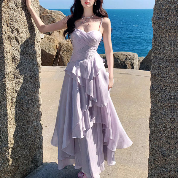 Estalle Ethereal Lilac Spaghetti Straps Tiered Ruffles Dress