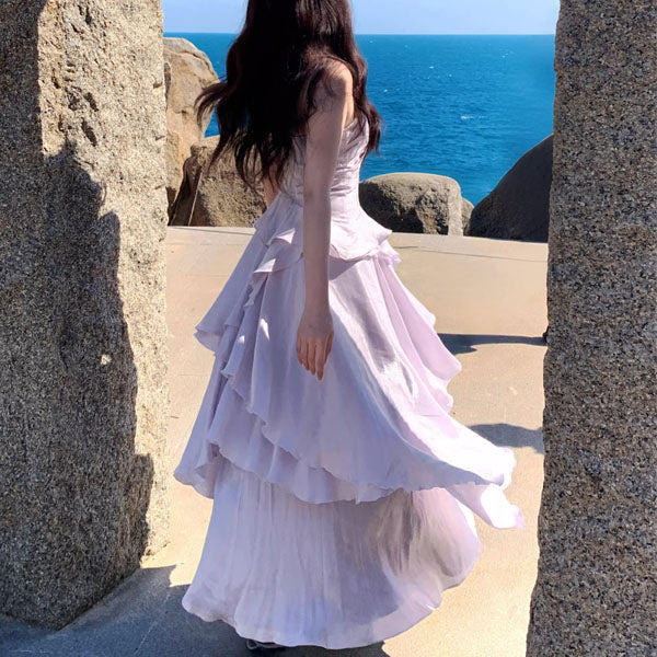 Estalle Ethereal Lilac Spaghetti Straps Tiered Ruffles Dress - Image 2