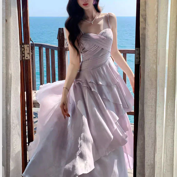 Estalle Ethereal Lilac Spaghetti Straps Tiered Ruffles Dress - Image 3