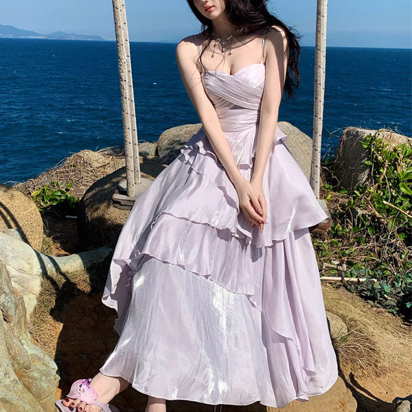 Estalle Ethereal Lilac Spaghetti Straps Tiered Ruffles Dress - Image 4