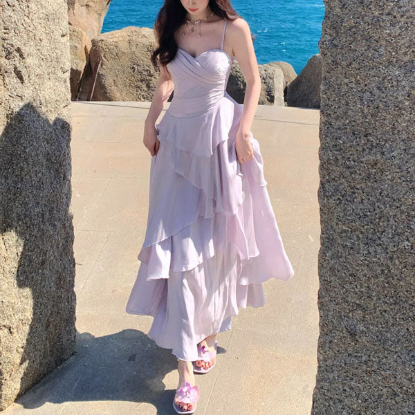 Estalle Ethereal Lilac Spaghetti Straps Tiered Ruffles Dress - Image 5