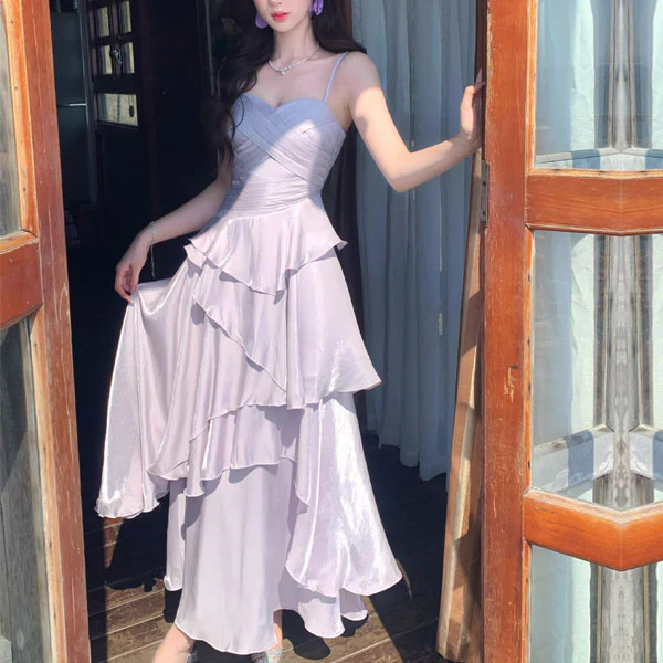 Estalle Ethereal Lilac Spaghetti Straps Tiered Ruffles Dress - Image 6