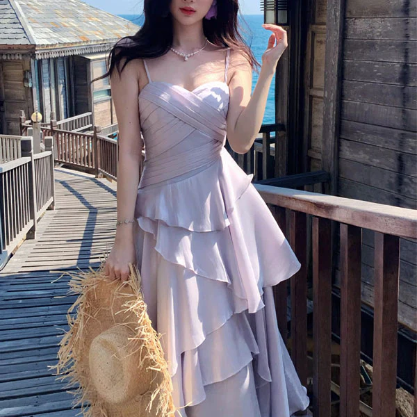 Estalle Ethereal Lilac Spaghetti Straps Tiered Ruffles Dress - Image 7
