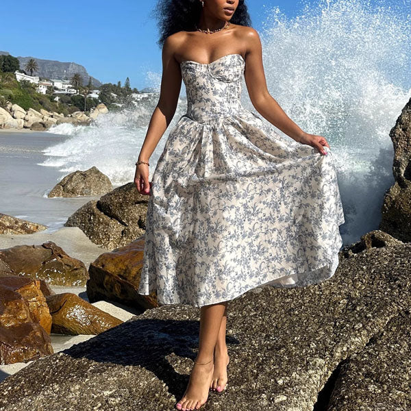 Evangeline Enchanting Strapless Floral Midi Dress - Image 3