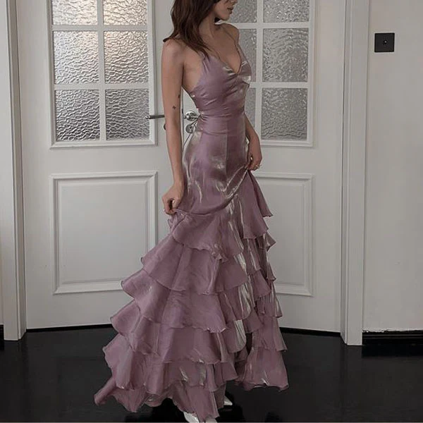 Evelisse Lilac Ruffle Lace Up Back Evening Dress - Image 3