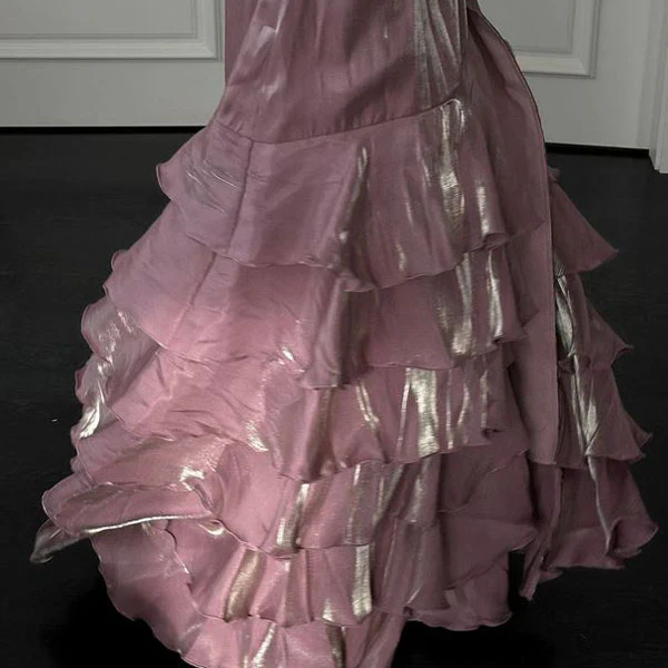 Evelisse Lilac Ruffle Lace Up Back Evening Dress - Image 6