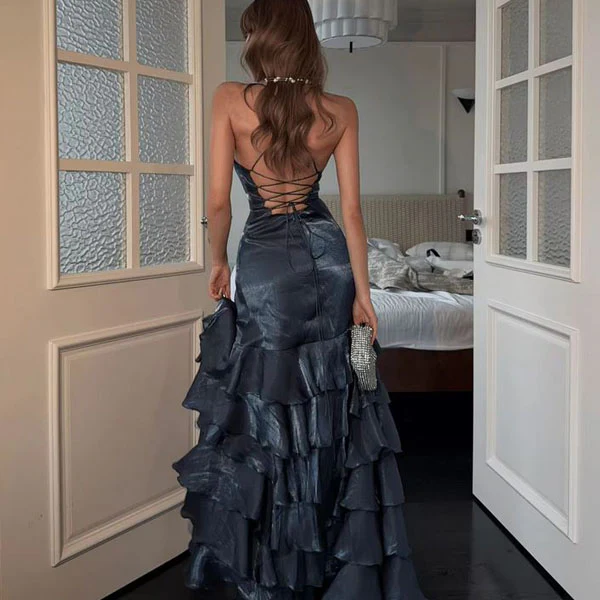 Evelisse Midnight Ruffle Lace Up Back Evening Dress - Image 2