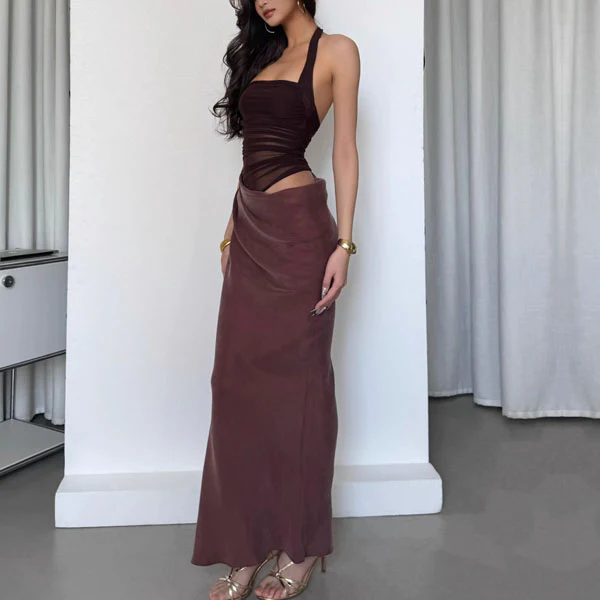 Freya Elegant Ruched Halter Drape Evening Dress - Image 3