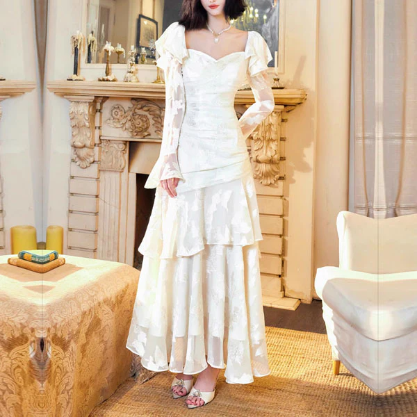Genevieve Romantic Vintage-Inspired Ivory Tiered Evening Dress - Image 4