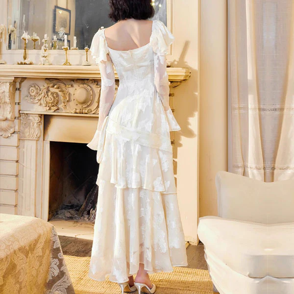 Genevieve Romantic Vintage-Inspired Ivory Tiered Evening Dress - Image 5