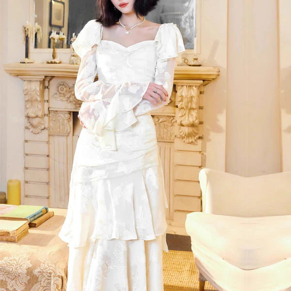 Genevieve Romantic Vintage-Inspired Ivory Tiered Evening Dress - Image 7