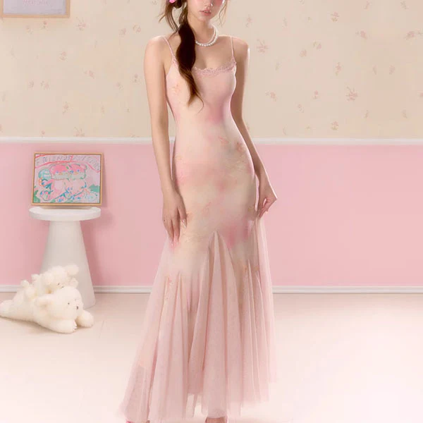Hanna Romantic Blush Pink Lace Slip Tulle Dress