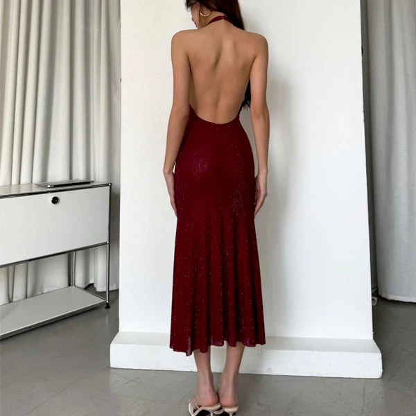 Hera Sparkling Halter Neck Midi Evening Dress - Image 6