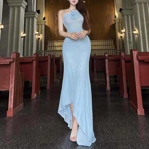 Iris Powder Blue Elegance Halter Fishtail Maxi Dress - Image 2