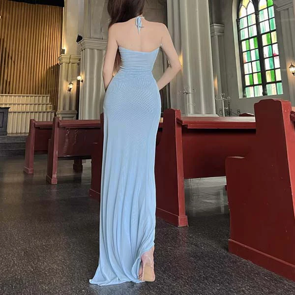 Iris Powder Blue Elegance Halter Fishtail Maxi Dress - Image 3