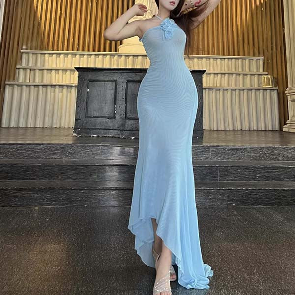 Iris Powder Blue Elegance Halter Fishtail Maxi Dress - Image 5