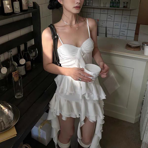Isabella White Hi-Lo Asymmetrical Ruffle Dress - Image 3