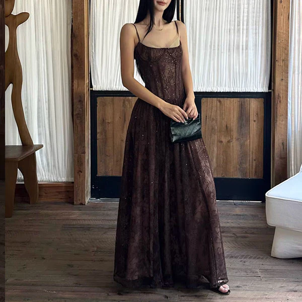 Isadora Enchanting Dark Brown Lace Evening Maxi Dress
