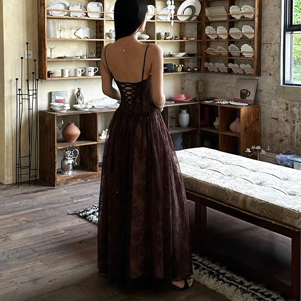 Isadora Enchanting Dark Brown Lace Evening Maxi Dress - Image 2