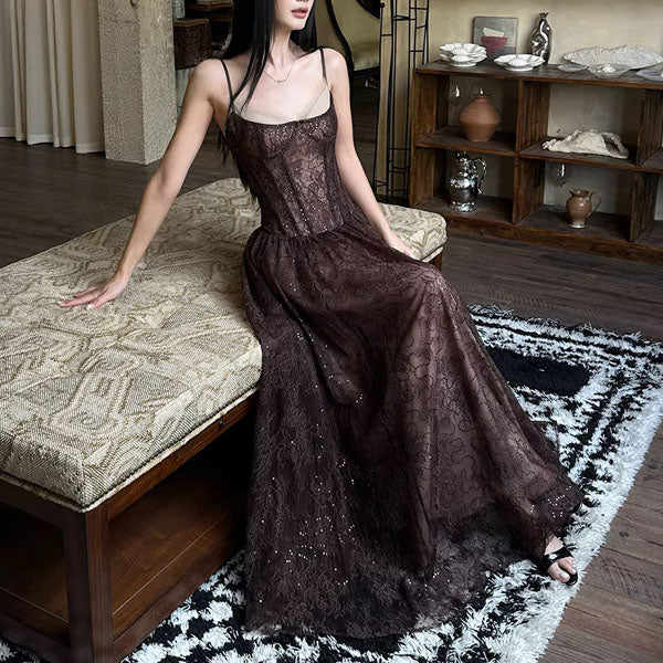 Isadora Enchanting Dark Brown Lace Evening Maxi Dress - Image 3