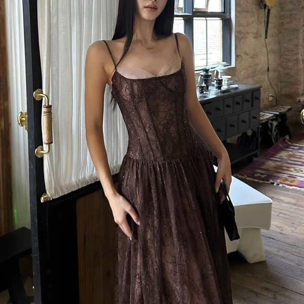 Isadora Enchanting Dark Brown Lace Evening Maxi Dress - Image 4